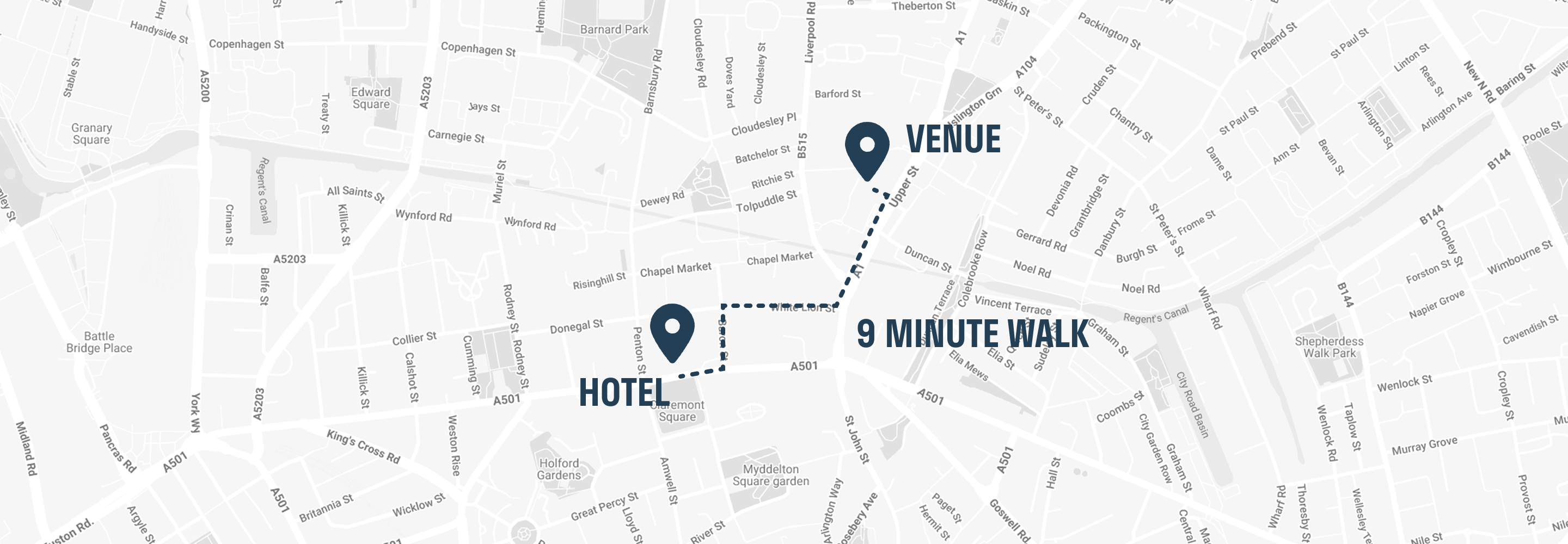 a black and white map of London with a dotted line connecting the hotel and venue  showing that it is a 9 minute walk between them